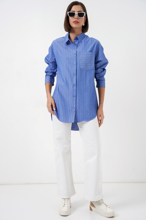 20217 Cep Detaylı Çizgili Oversize Gömlek - Lacivert