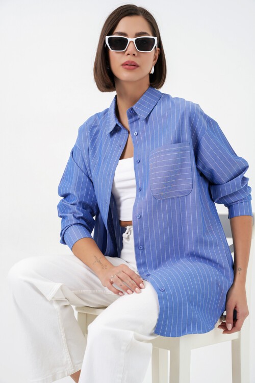 20217 Cep Detaylı Çizgili Oversize Gömlek - Lacivert