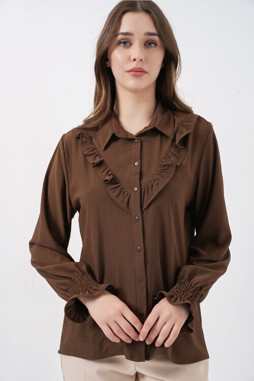 20223 Fırfırlı Uzun Kol Gömlek - Kahverengi