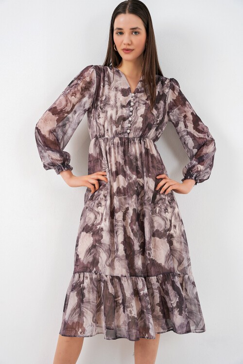 2137 Desenli Şifon Elbise - A.Bej