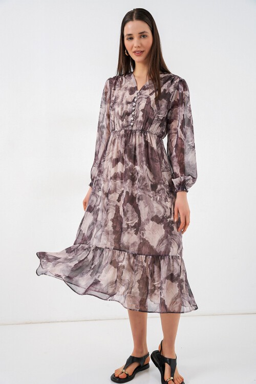 2137 Desenli Şifon Elbise - A.Bej