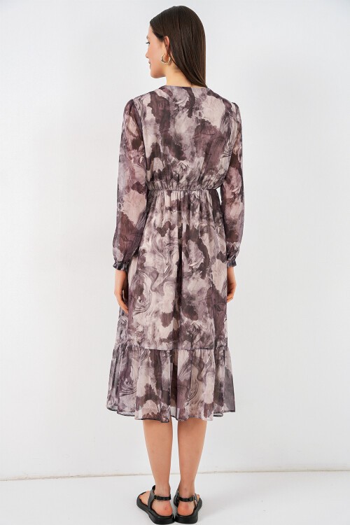 2137 Desenli Şifon Elbise - A.Bej