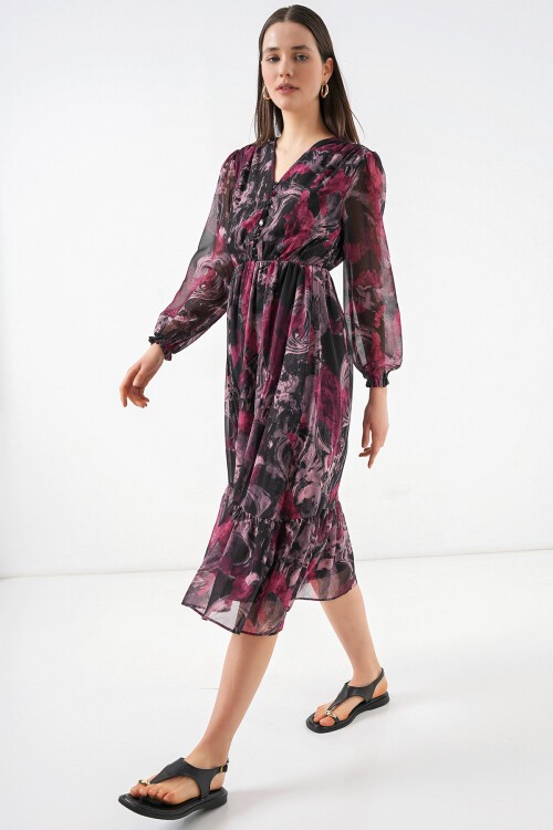 2137 Desenli Şifon Elbise - A.Kırmızı