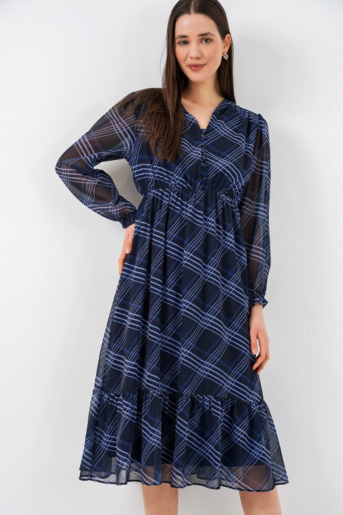 2137 Desenli Şifon Elbise - A.Mavi