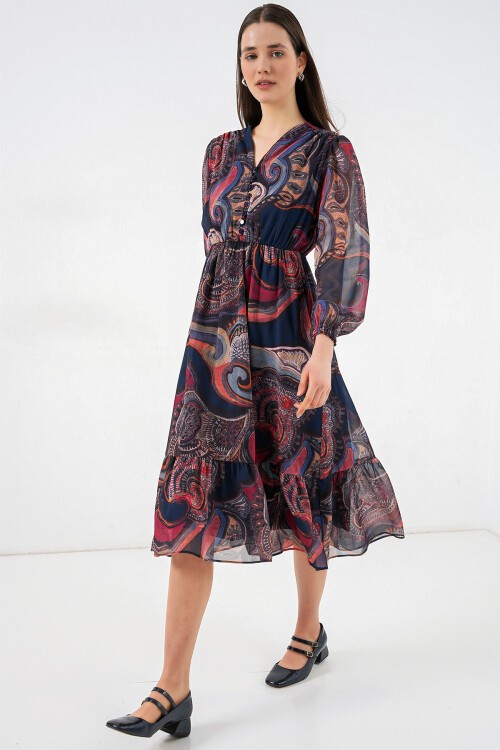 2137 Desenli Şifon Elbise - Çok Renkli