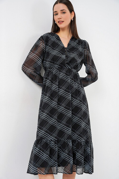 2137 Desenli Şifon Elbise - F.Gri