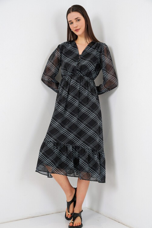 2137 Desenli Şifon Elbise - F.Gri