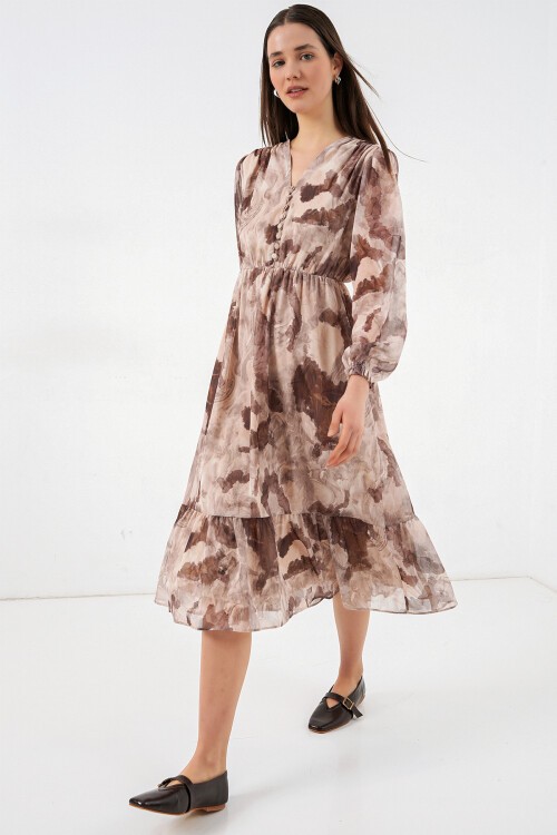 2137 Desenli Şifon Elbise - K. Bej