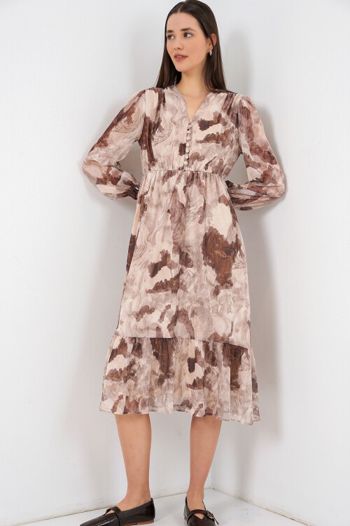 2137 Desenli Şifon Elbise - K. Bej