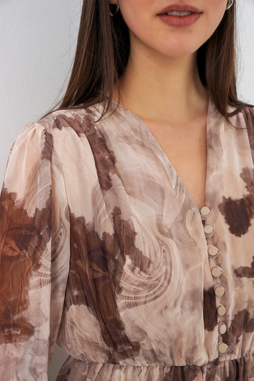 2137 Desenli Şifon Elbise - K. Bej