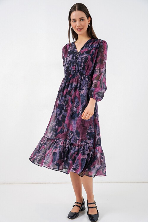 2137 Desenli Şifon Elbise - Koyu Lila