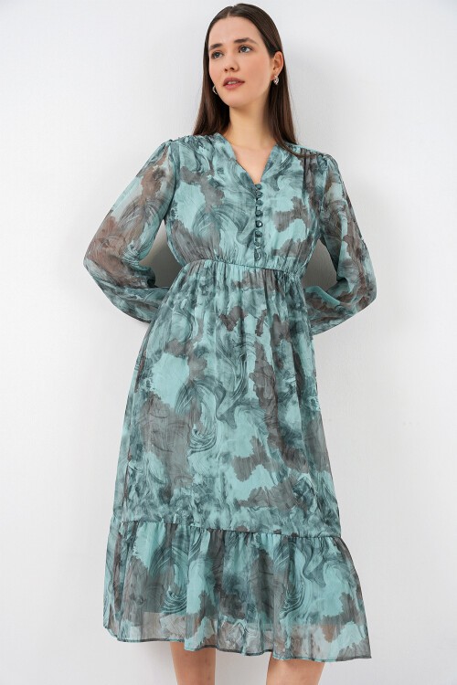 2137 Desenli Şifon Elbise - Mint Yeşili
