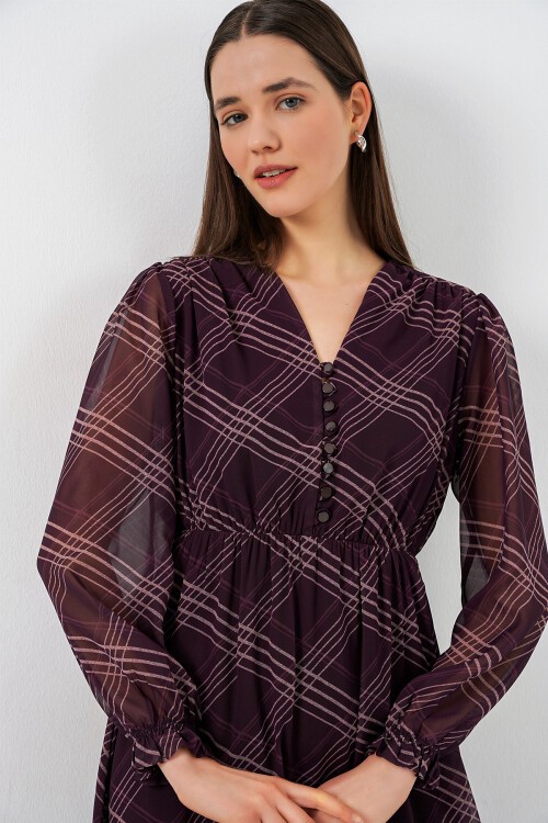 2137 Desenli Şifon Elbise - Mor