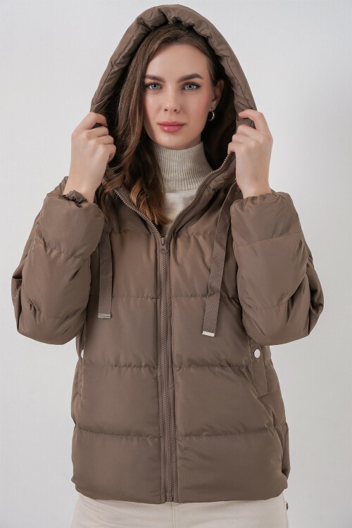 5117 Kapşonlu Şişme Mont - D.Kahve