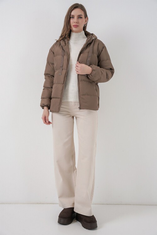 5117 Kapşonlu Şişme Mont - D.Kahve