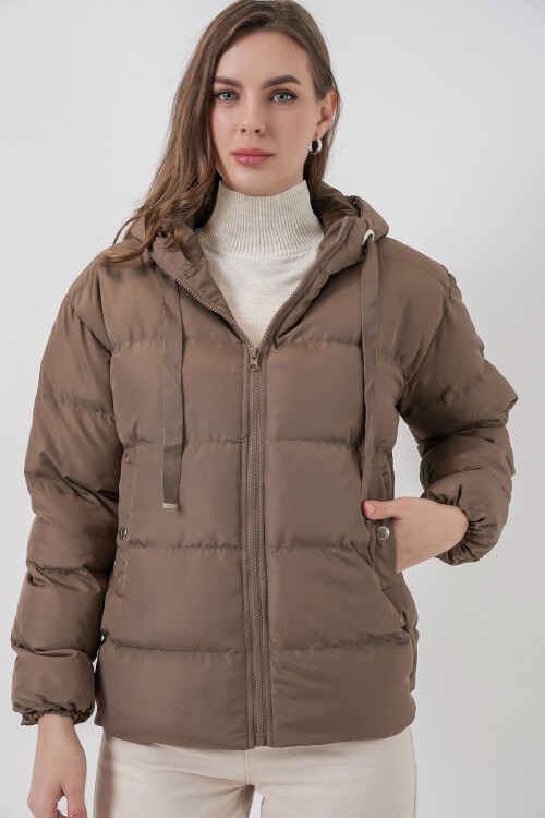 5117 Kapşonlu Şişme Mont - D.Kahve