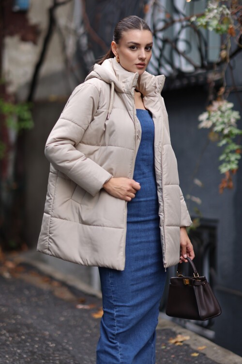 5163 Kapüşonlu Oversize Şişme Mont - Bej