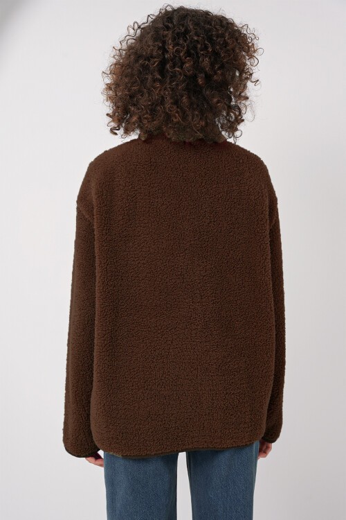 55446 Fermuarlı Oversize Peluş Ceket Mont - Kahverengi
