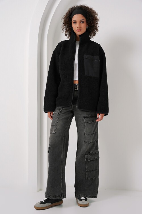 55446 Fermuarlı Oversize Peluş Ceket Mont - Siyah