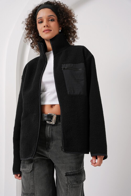 55446 Fermuarlı Oversize Peluş Ceket Mont - Siyah