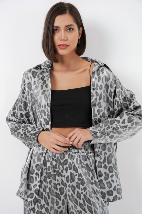 6699 Leopar Desenli Alt Üst Takım - Gri