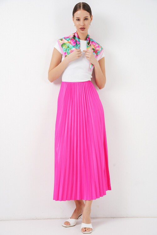 8009 Deri Görünümlü Piliseli Etek - Fuşya