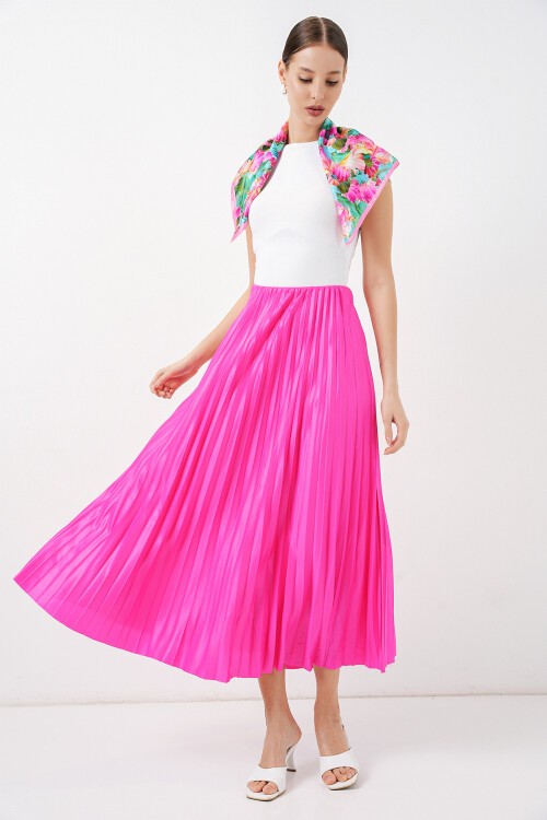 8009 Deri Görünümlü Piliseli Etek - Fuşya