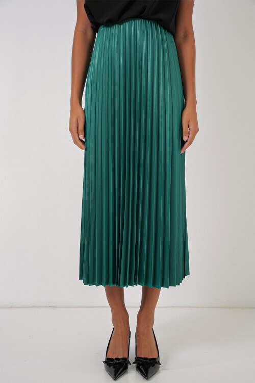 8009 Deri Görünümlü Piliseli Etek - Yeşil