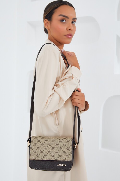 Armine Kadın Kahverengi Krem Desenli Omuz Çantası 010158