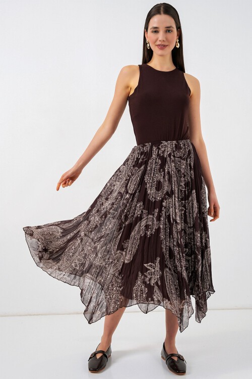 Kadın Asimetrik Tül Şifon Etek 8061 - Kahverengi