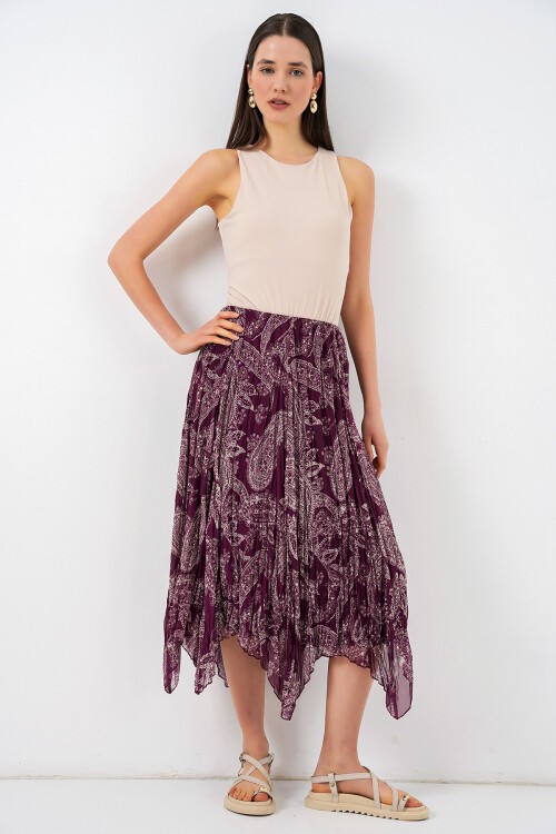 Kadın Asimetrik Tül Şifon Etek 8061 - Mürdüm