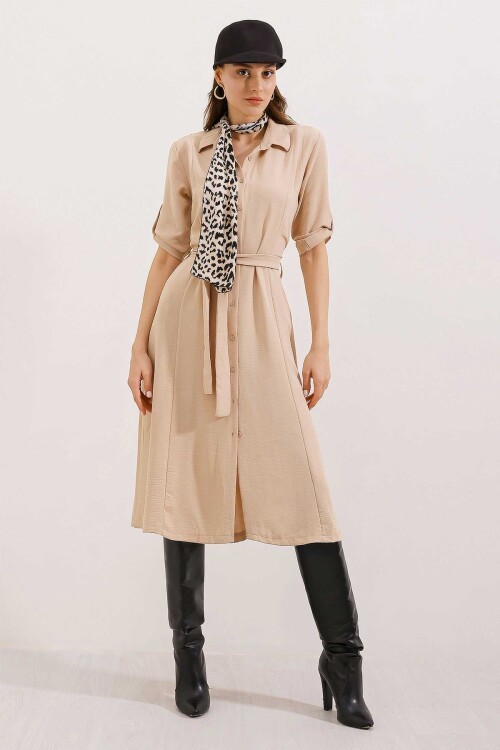 Kadın Bej Kuşaklı Gömlek Elbise 2442