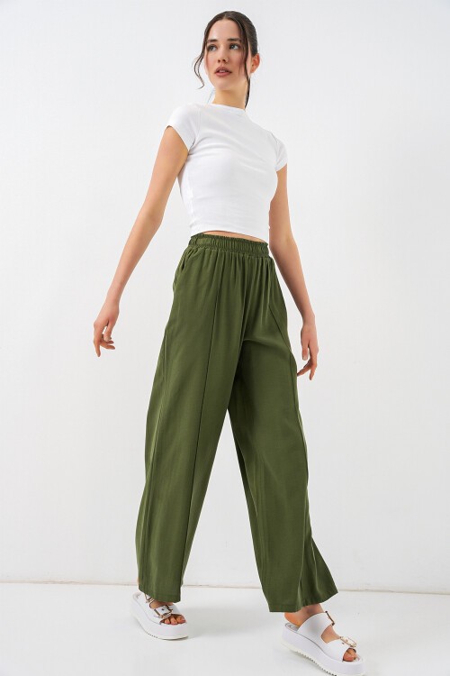 Kadın Beli Lastikli Bol Paça Pantolon 30087 - Haki