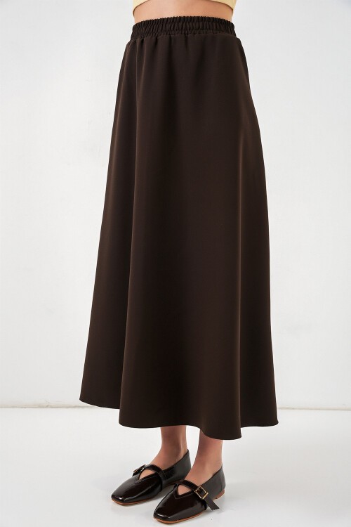 Kadın Beli Lastikli Uzun Etek 8072 - Kahverengi