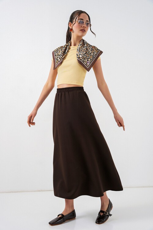 Kadın Beli Lastikli Uzun Etek 8072 - Kahverengi