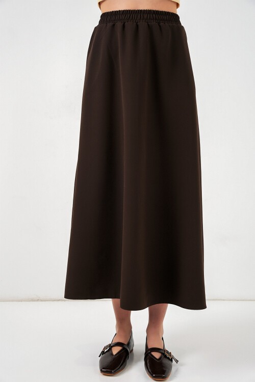 Kadın Beli Lastikli Uzun Etek 8072 - Kahverengi