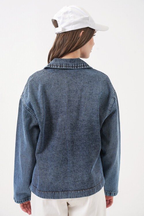 Kadın Çift Cepli Denim Ceket 0731 - Lacivert