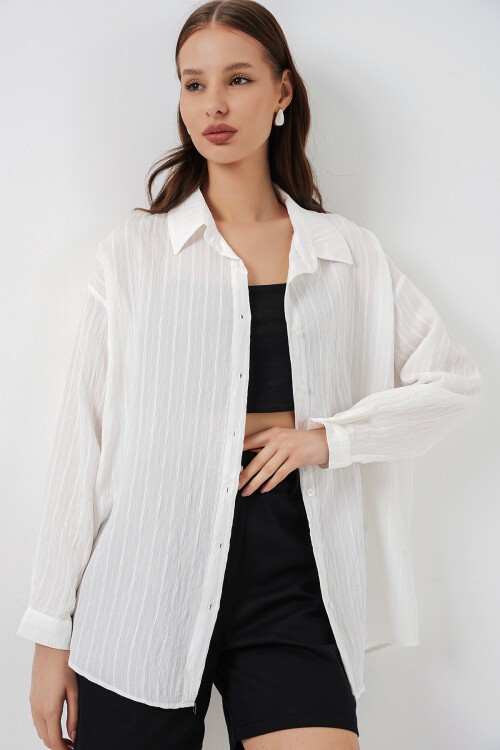 Kadın Çizgili Oversize Gömlek 20293 - Beyaz