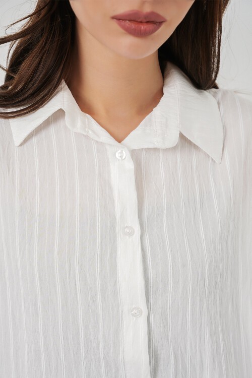 Kadın Çizgili Oversize Gömlek 20293 - Beyaz