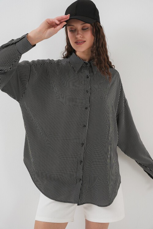 Kadın Çizgili Oversize Gömlek 20295 - Siyah