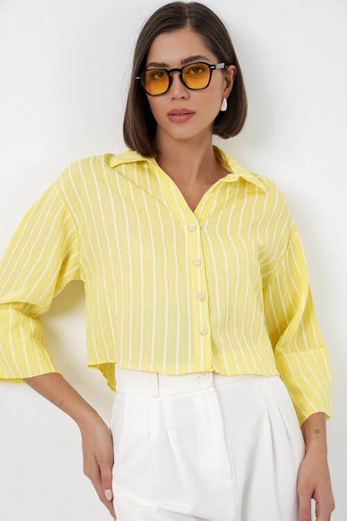 Kadın Çizgili Oversize Kısa Gömlek 20326 - Sarı