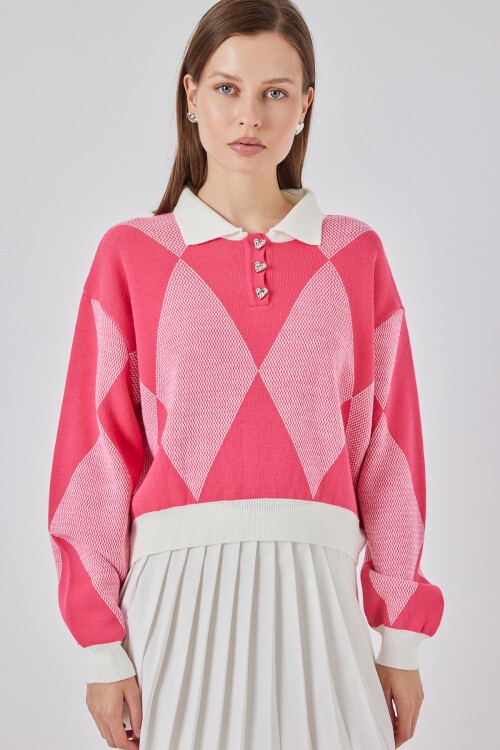 Kadın Crop Triko Kazak 15936 - C. Pembe