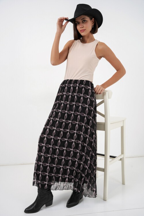 Kadın Desenli Astarlı Şifon Etek 8058 - Siyah