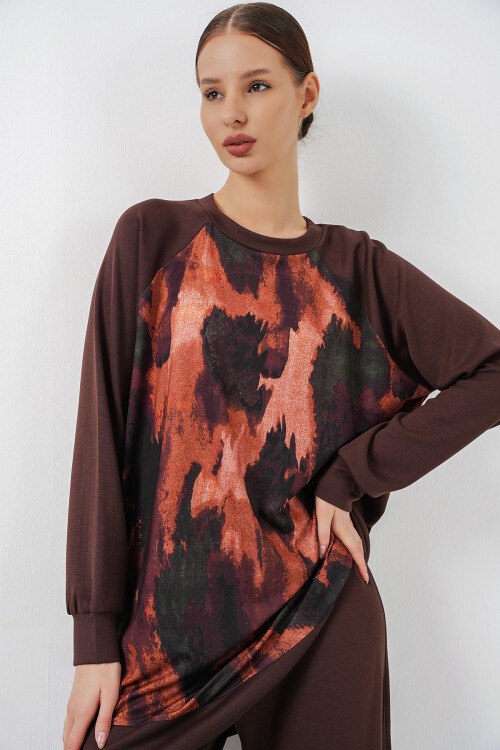 Kadın Desenli Oversize Tunik Pantolon İkili Takım 55462 - Kahverengi