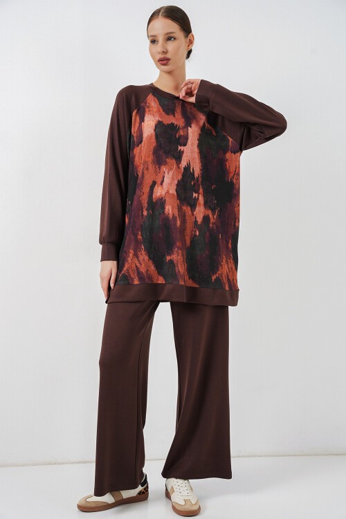 Kadın Desenli Oversize Tunik Pantolon İkili Takım 55462 - Kahverengi