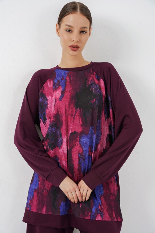 Kadın Desenli Oversize Tunik Pantolon İkili Takım 55462 - Mor