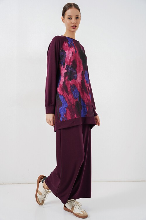 Kadın Desenli Oversize Tunik Pantolon İkili Takım 55462 - Mor