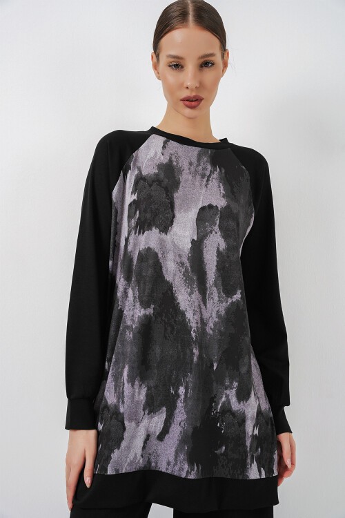 Kadın Desenli Oversize Tunik Pantolon İkili Takım 55462 - Siyah