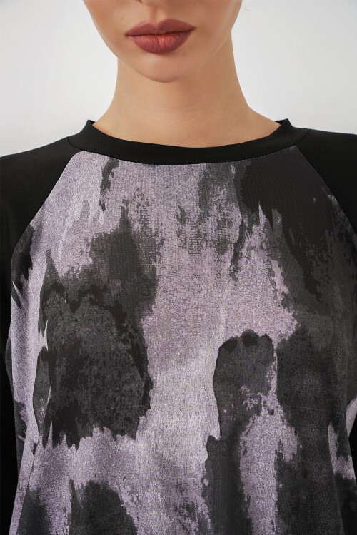 Kadın Desenli Oversize Tunik Pantolon İkili Takım 55462 - Siyah