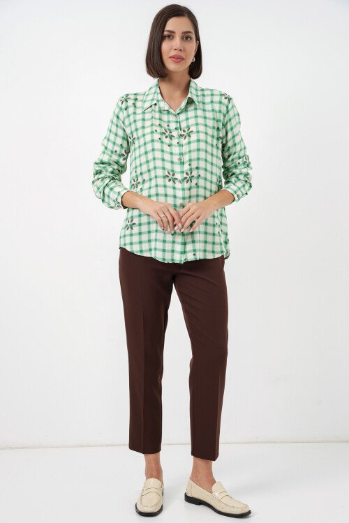 Kadın Desenli Oversize Viskon Gömlek 20371 - Yeşil